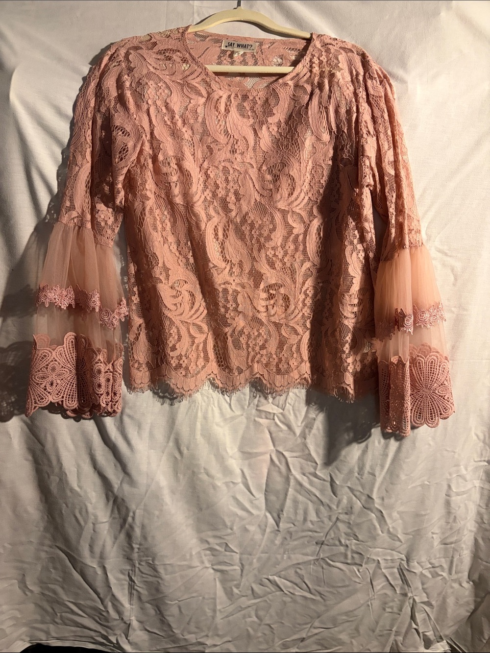 Say What? Dusty Rose Lace Bell-Sleeve Blouse